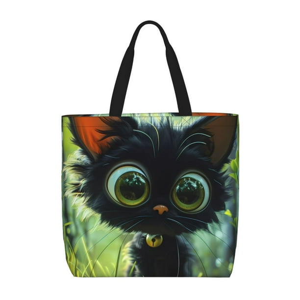 Balery Cute Big-Eyed Black Cat Bolsa de Mano para Mujeres con Cremallera, Bolsa de Gimnasio con Compartimentos, Bolsa para Laptop, Bolsa para Trabajo