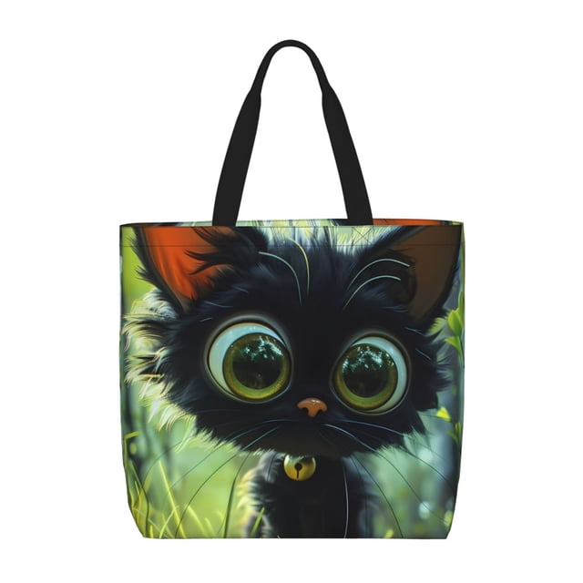Fotbe Cute Big-Eyed Black Cat Bolsa Tote con Estampado para Mujer, Bolsos con Cremallera, Bolsa de Hombro Casual de Gran Capacidad con Bolsillos Internos