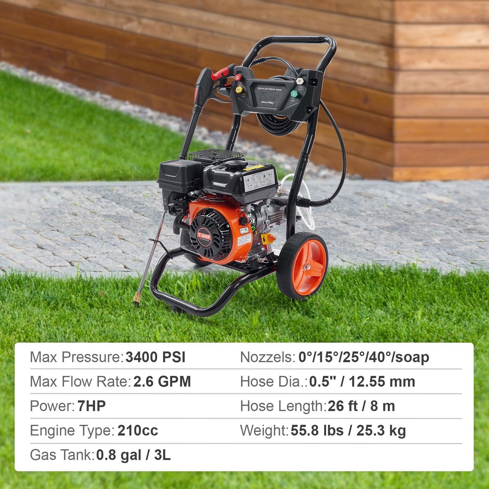 3400PSI Gas Pressure Washer w/26 ft High Pressure Hose, 210cc Engine 2.6GPM 5 Quick-Adjustable Nozzles for Cars Gardens