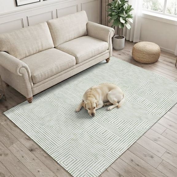 Green Linear Mazes Lines Washable Area Rug 4x6 Modern Abstract Geometric Minimalist Stripes Low-Profile Large Area Rugs Non Slip Indoor Floor Carpet for Entrance Living Room Bedroom Home Office