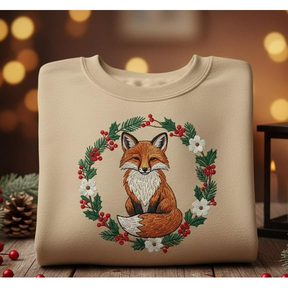 Fox Embroidered Sweatshirt with Holiday Wreath Cozy Winter Pullover Woodland Animal Embroidery Sweater