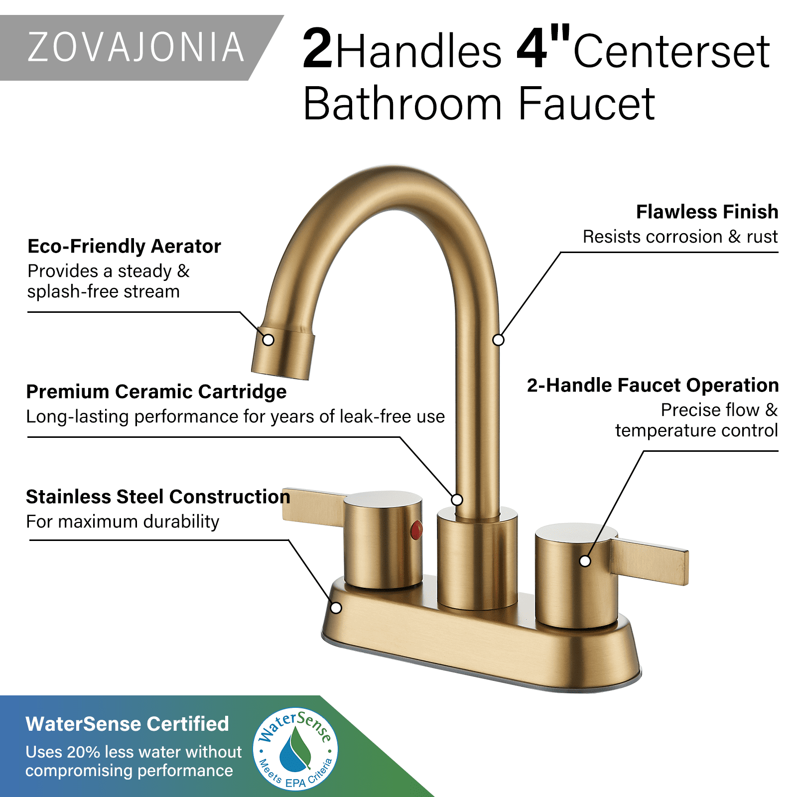 Zovajonia 4 Inch 2 Handle Centerset Lead-Free Bathroom Faucet 2 hole, 360 Swivel Spout with Copper Pop Up Drain and 2 Water Supply Lines Brushed Gold