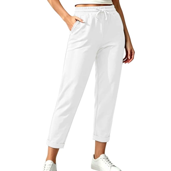 Xdegoge Cropped Pants for Women High Waisted Tapered Drawstring Casual Lounge Joggers Pants with Pockets Rolled Hem Workout Lightweight Athletic Trousers