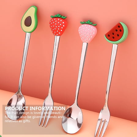 Raindrops Stainless Steel Fruit Shaped Fork Spoon with Silicone Handles for Dining 4Pcs