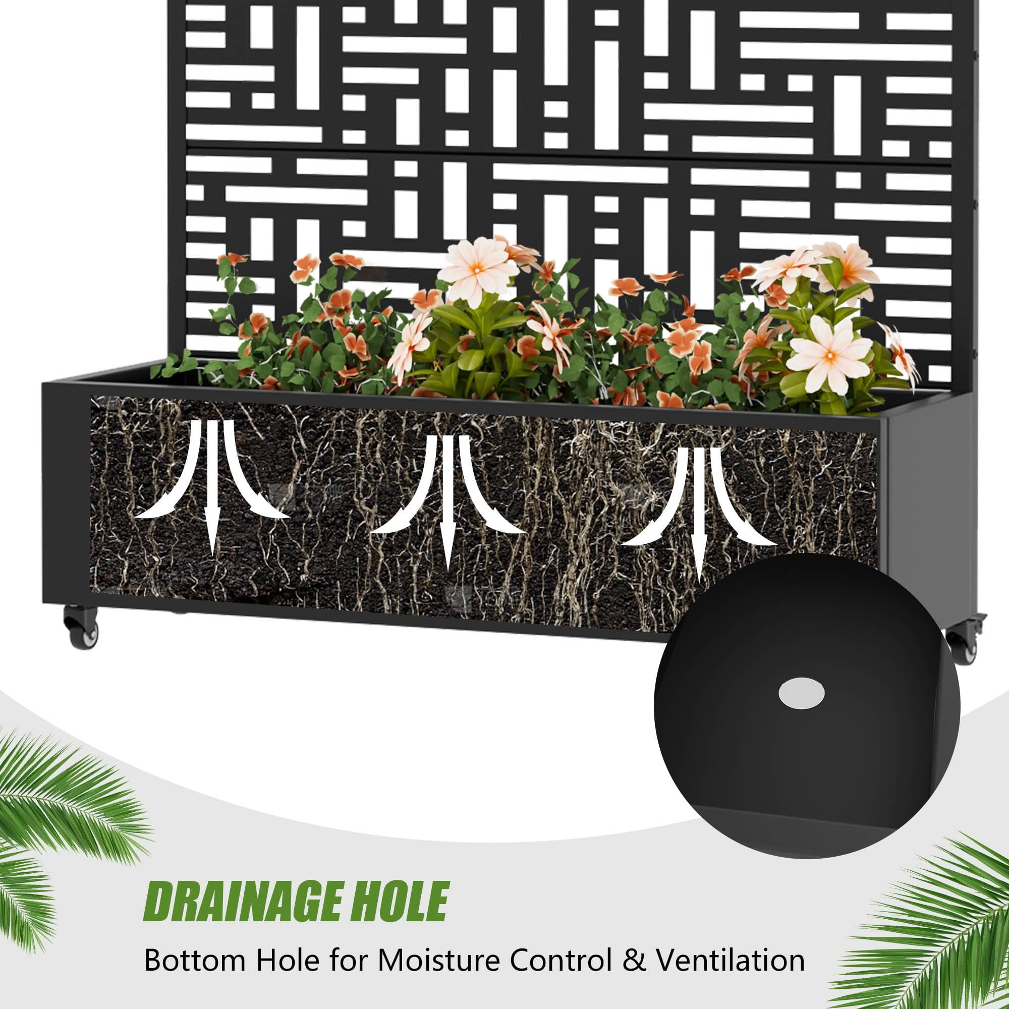 MAYEERTY 72X47" Metal Outdoor Black Privacy Screen with Planter Box for Backyard & Garden, 5 Piece Set, Double‑sided Installation