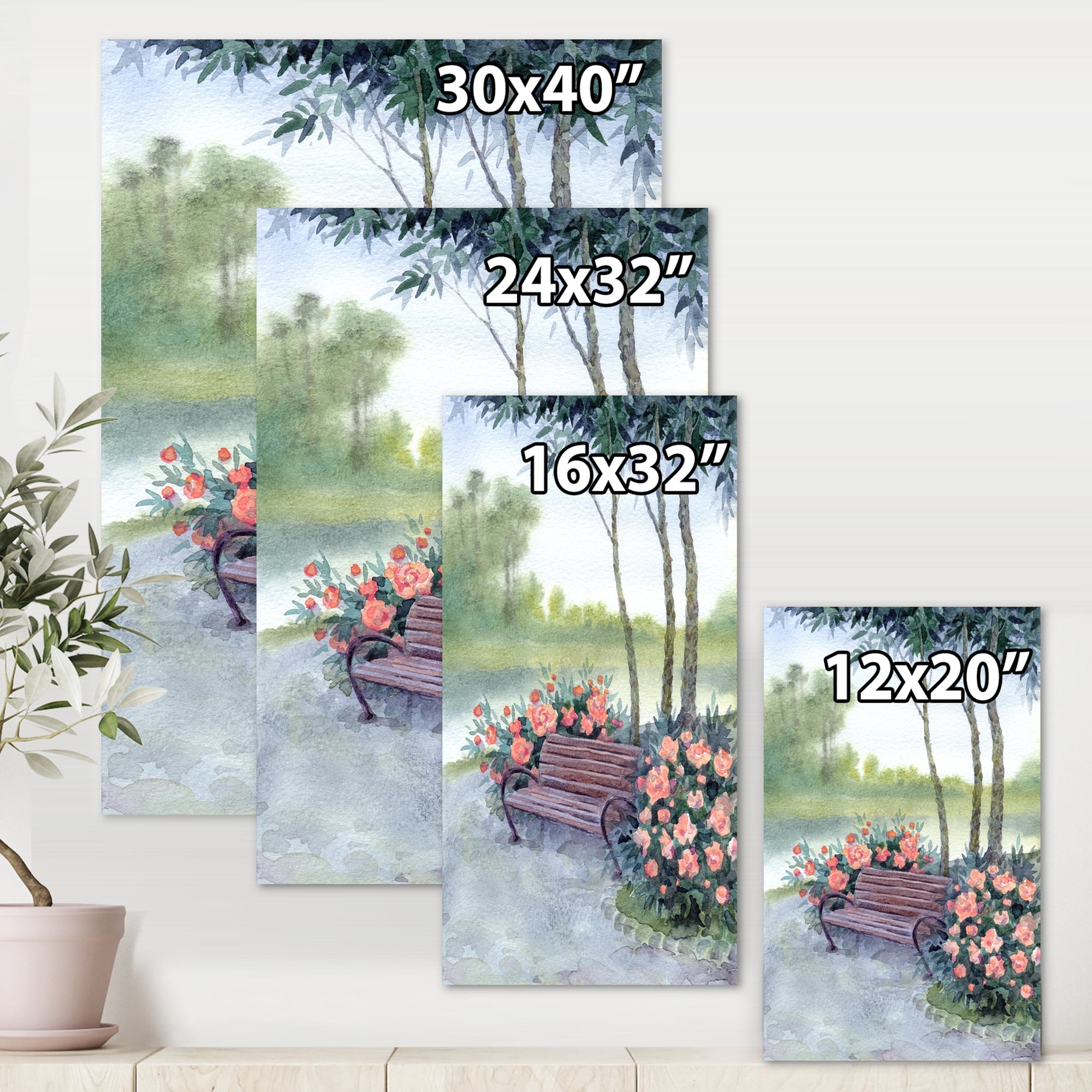 Designart ' Bench In Park By The Pions Flowers Bushes ' Traditional Canvas Wall Art Print