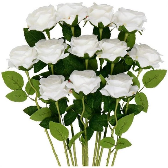 Mocoosy 12 Pcs Fleurs Artificielles de Roses, Fausses Roses Blanches Réalistes avec Tiges, Bouquet de Fleurs en Soie Simple pour Centres de Table de Mariage, Arrangement, Douche Nuptiale, Fête, Décorations de Table à la Maison