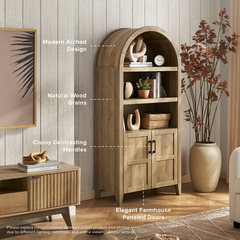 mopio Lauren 65.4 Arched Cabinet 5 Tier Arched Bookcase with Doors and Shelves Arched Bookshelf with Storage Kitchen Pantry Cabinet Wooden Storage Cabinet for Living Room Kitchen Oak Shop Black Friday...
