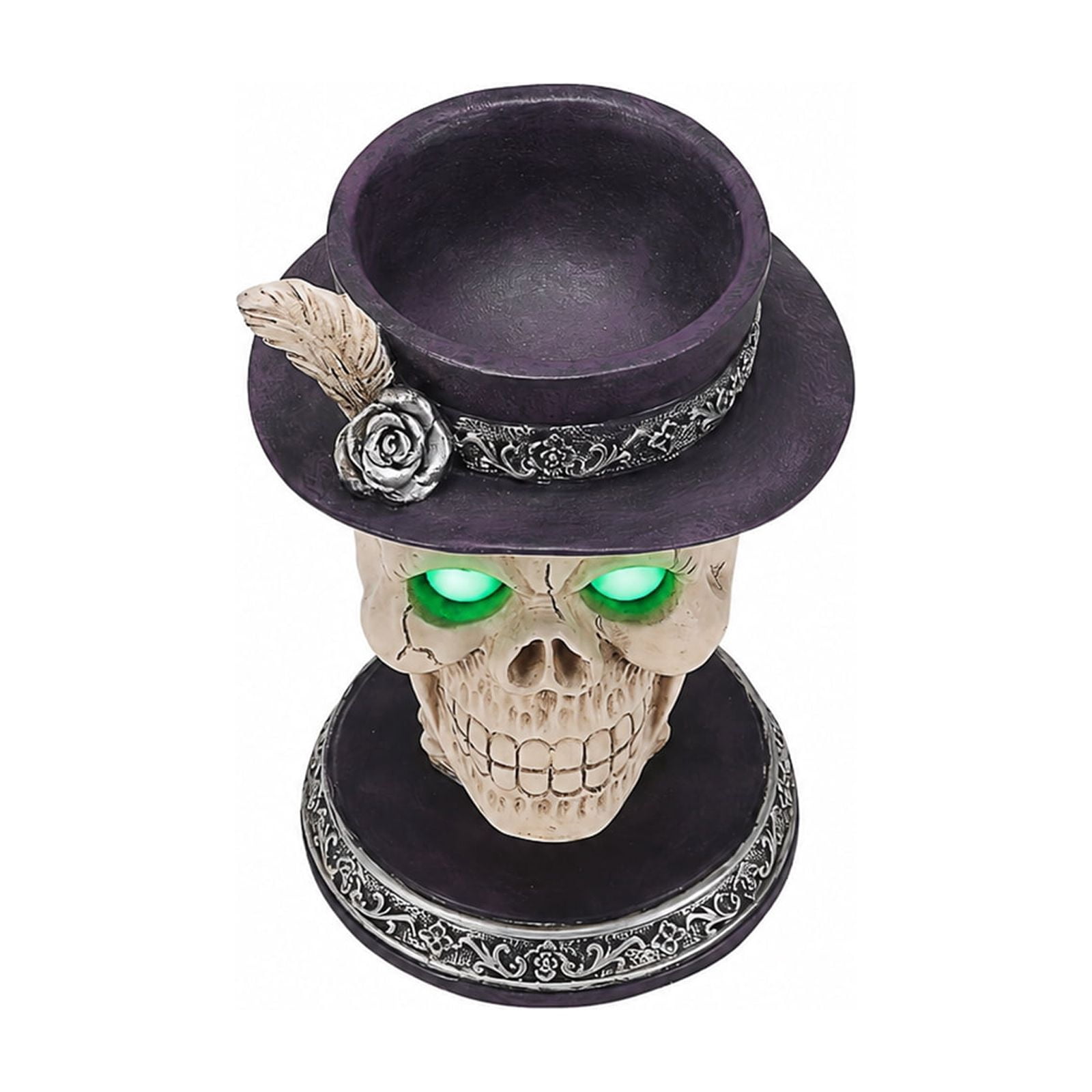 Skull Candle Holder 10.63 Inch, Gothic Skeleton Head Statue with Glowing Green Eyes and LED Light, Halloween Tabletop Decor for Home and Party, Black and White