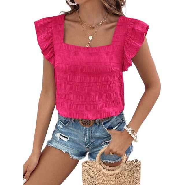 Débardeurs d'Été Décontractés pour Femme à Encolure Carrée Sans Manches, Blouses en Mousseline à Volants, Hauts Chemises Rose Rouge TG