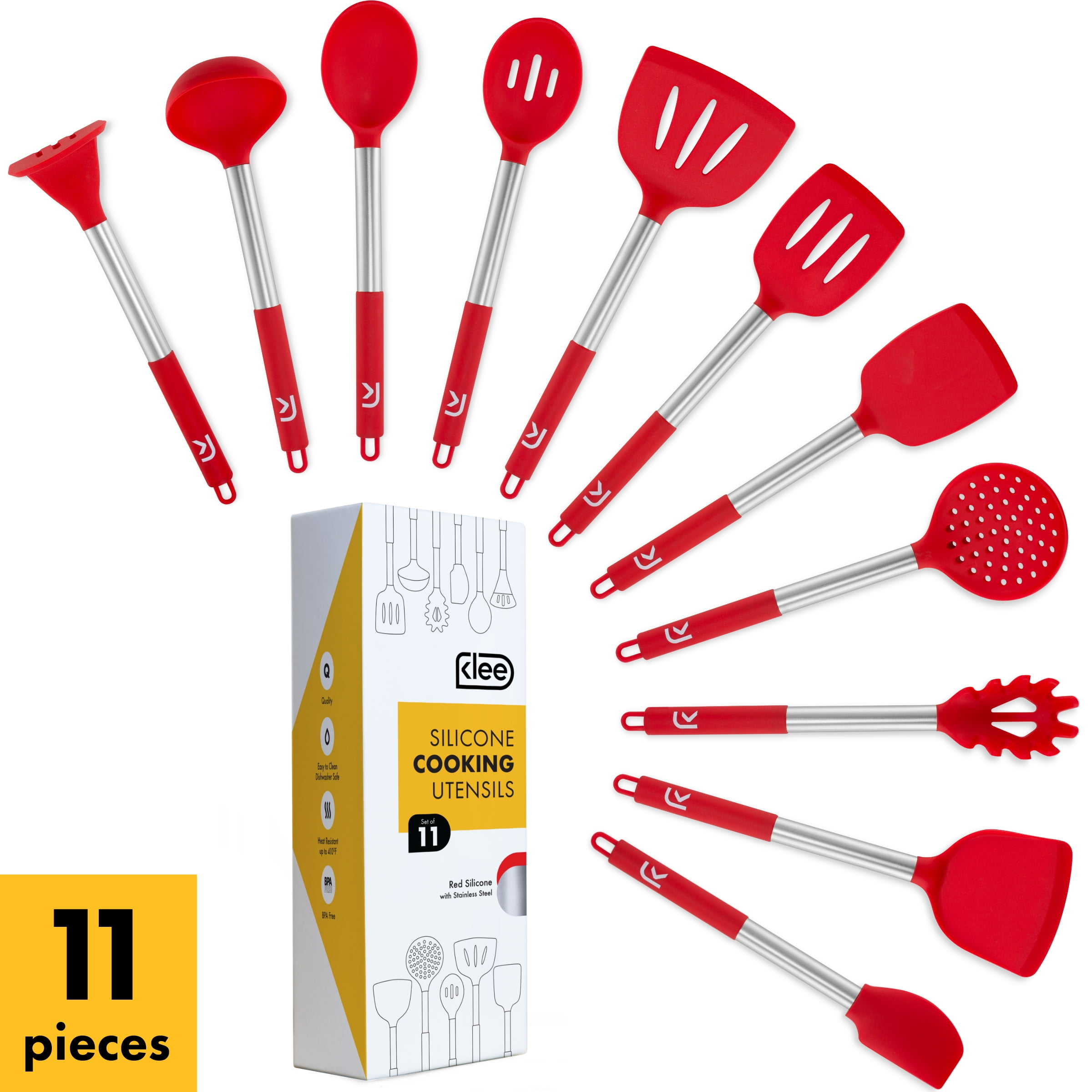 Klee 11Piece Nonstick Silicone Cooking Utensil Set with Stainless Steel Handles (Red)