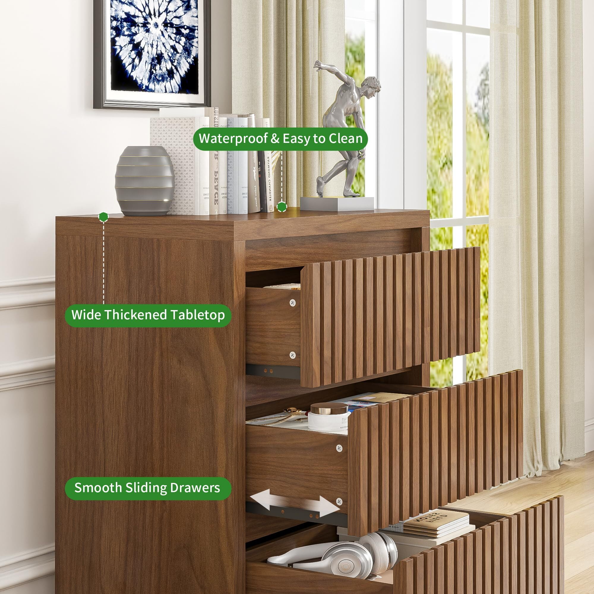 Fluted 3 Drawer Dresser, Mid Century Small Wood Chest for Bedroom, Modern Closet Clothes Organizer, Walnut Brown Storage Cabinet