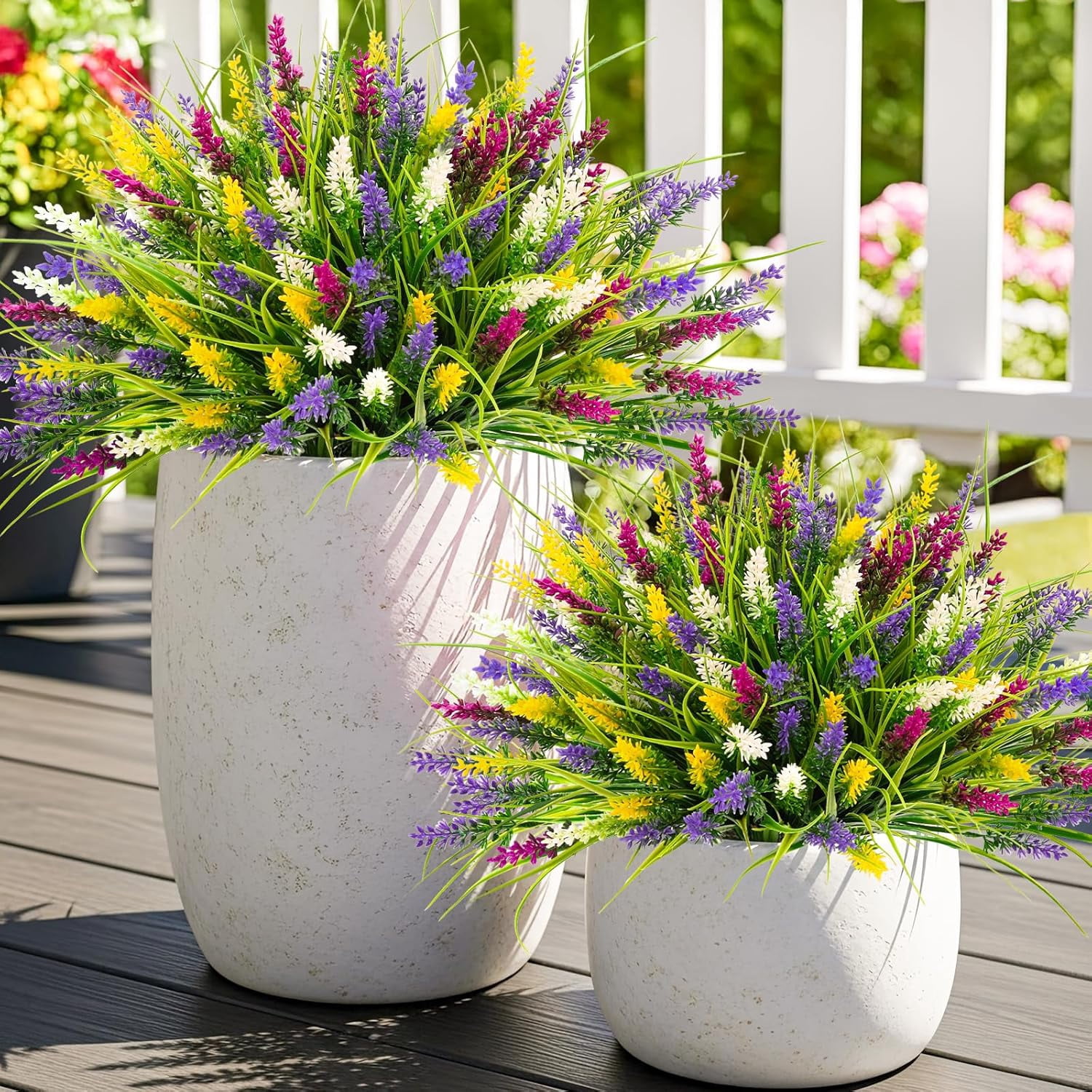 N&T NIETING 20 Bundles Artificial Plants Outdoor Fake Monkey Grass with Flowers for Pot Garden Verandah Decor for Window Garden Office Patio Hanging Planter Pathway Front Porch (Mix Color 2)