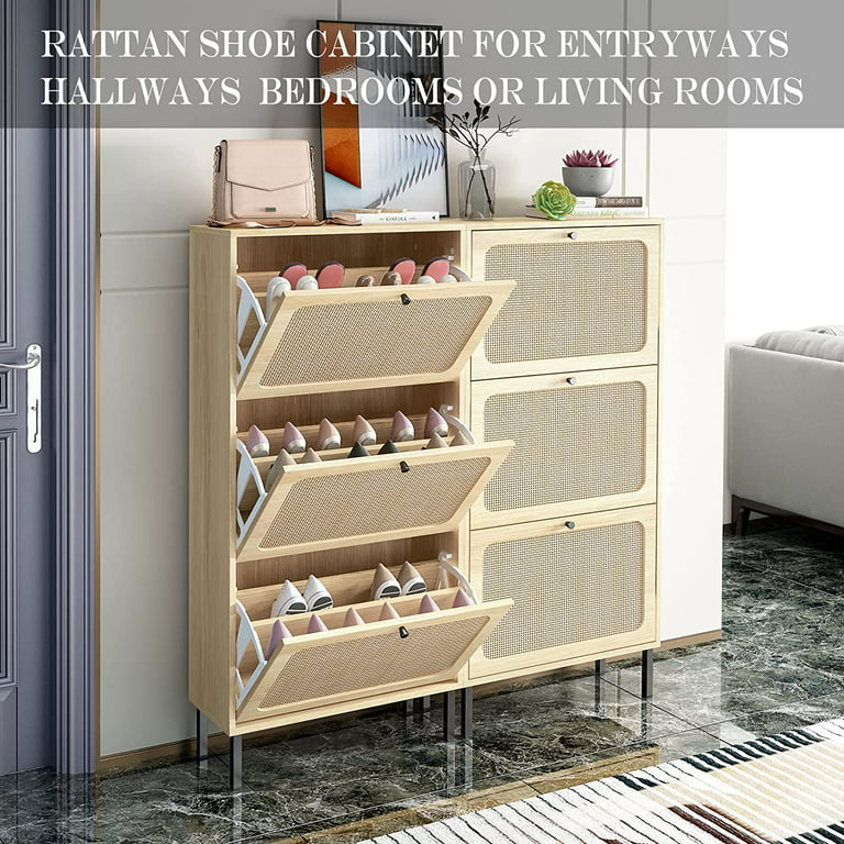 WizMax Rattan Entryway Shoe Cabinet, Shoe Storage Organizer with Hidden  Drawers and Open Shelves, Shoe Rack Storage Cabinet for Entryway, Entrance