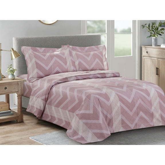 Violet Linen French Chevron Waves Pattern, Luxury Ultra Soft 200 Thread Count Cotton Percale, Pink, Full, 6 Piece Duvet Set for Two Beds, Duvet Cover Set