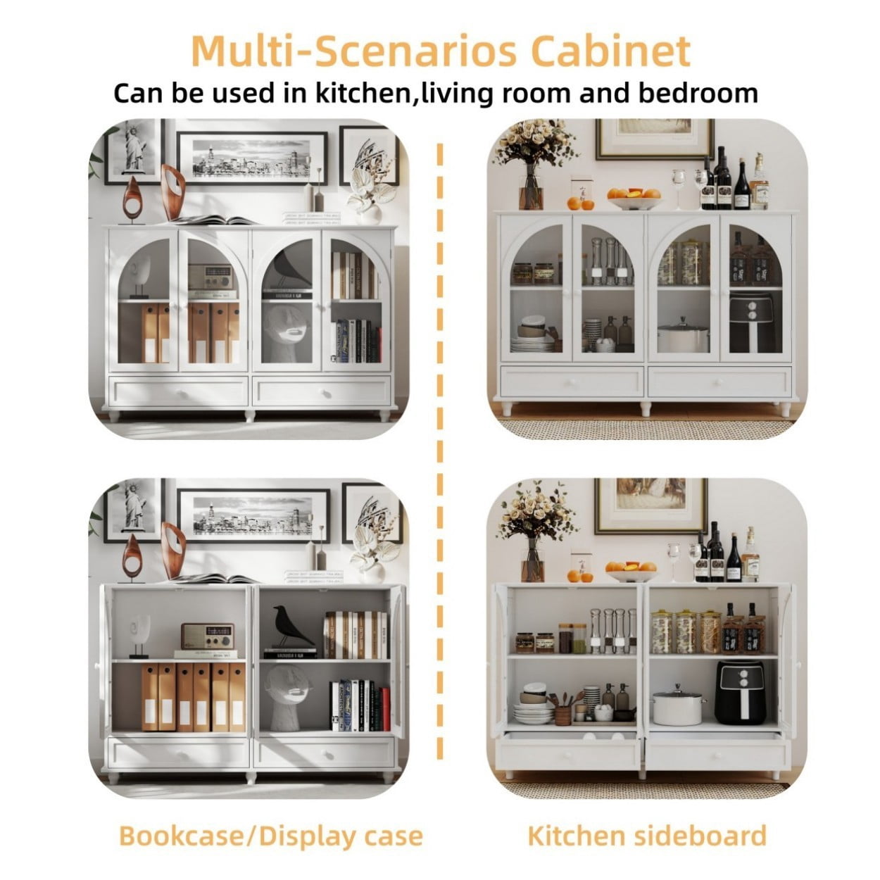 White Arched Glass Sideboard Cabinet, Buffet Storage Cabinet with 4 Glass Doors & 2 Drawers, Adjustable Shelf Credenza for Kitchen Dining Room Living Room