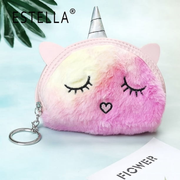 Lindo monedero de dibujos animados en forma de semicírculo con unicornio bordado, lindo monedero de peluche teñido anudado entrecerrado