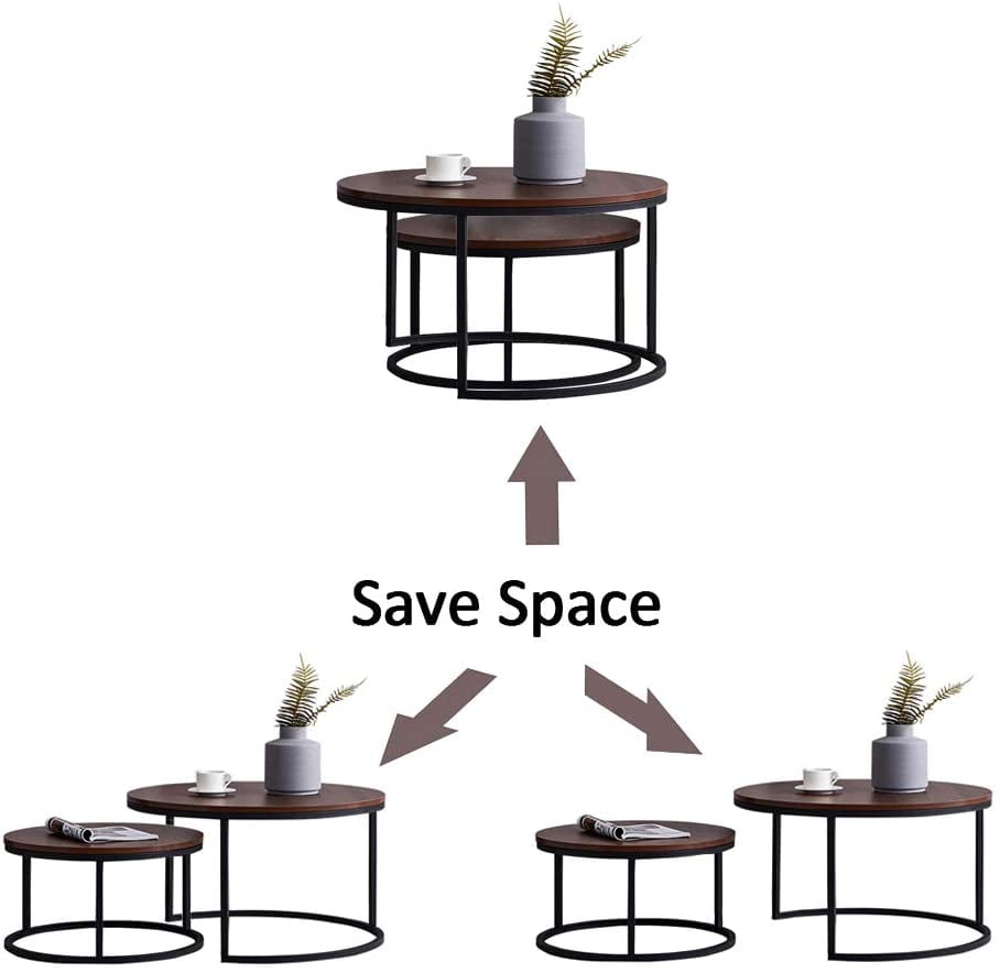 Private Jungle Round Nesting Coffee Table Set of 2 Modern Accent Coffee Table with Walnut Wooden Top and Black Metal Frame-31.5" Private Jungle Round Nesting Coffee Table Set of 2 Modern Accent Coffee Table with Walnut Wooden Top and Black Metal Frame-31.5"