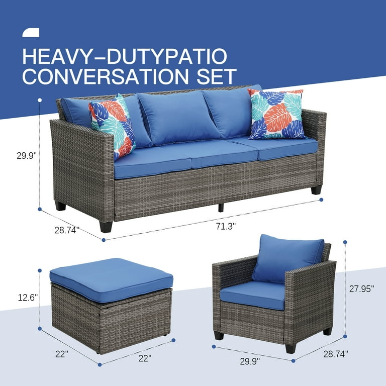 Ainfox Outdoor Patio Furniture Seating Set 5 Pieces Sectional Conversation Set Wicker Rattan Chairs Sofa Sets Navy Blue