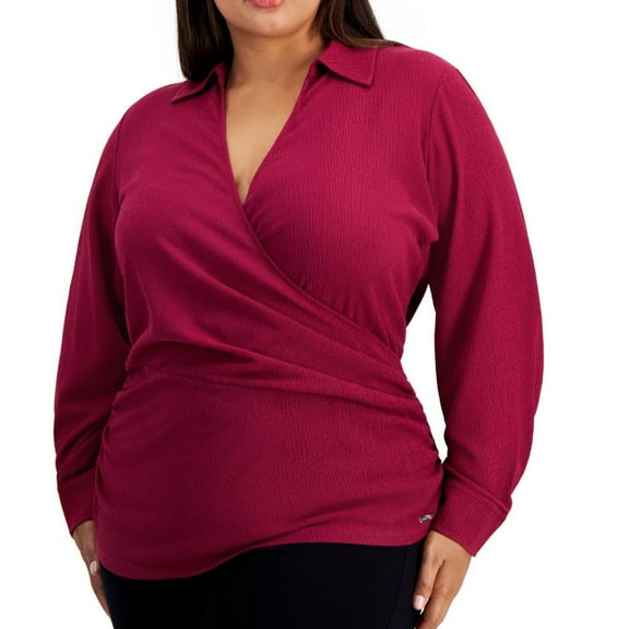 Calvin Klein Womens Textured Wrap Blouse, Purple, Plus Size, 1X