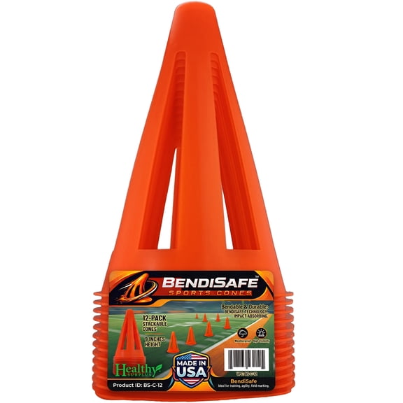 Soccer Training Cones (12) - Flexible Agility Marker Cones for Soccer, Football, Hockey & Basketball Drills - 9” Tall 6” Base - High Visibility Orange Field Marker Cones - Made in USA - BendiSafe