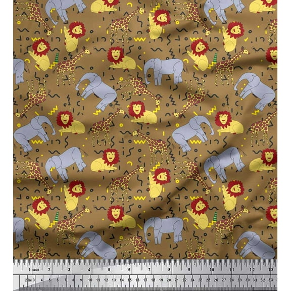 Soimoi Brown Cotton Duck Fabric Lion,Giraffe & Elephant Kids Print Fabric by The Yard 42 Inch Wide