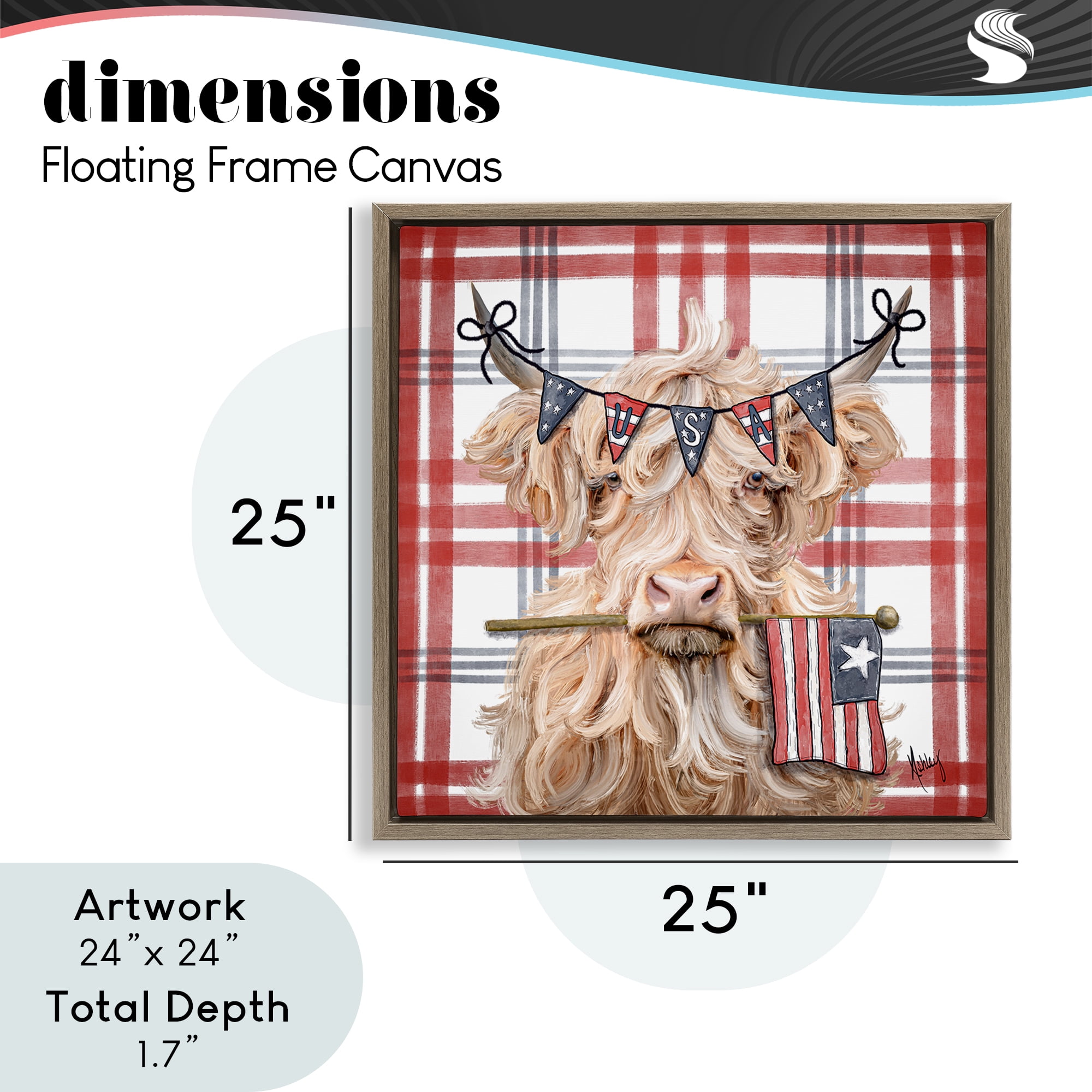 USA Plaid Highland Cattle Brown Framed Floater Canvas Wall Art, design by Ashley Bradley