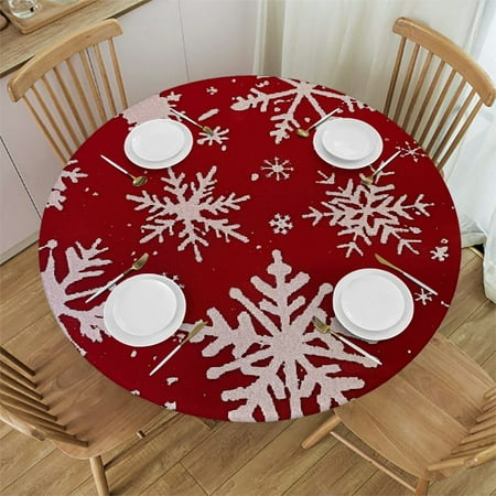 

HAOXIT Christmas Tablecloth Round - Foil Print Pattern Washable Wrinkle Resistant Tablecloths for Christmas Family Gathering Dining Room Table 42-46
