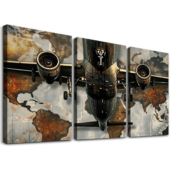 nygtbtfer  Black Grey Airplane Canvas Wall Art Decor Vintage Aviation 3 Panel Split Canvas Prints Wall Decor for Boy Bedroom Living Room Bathroom Kitchen Home Office Ready to Hang 12x16x3pcs