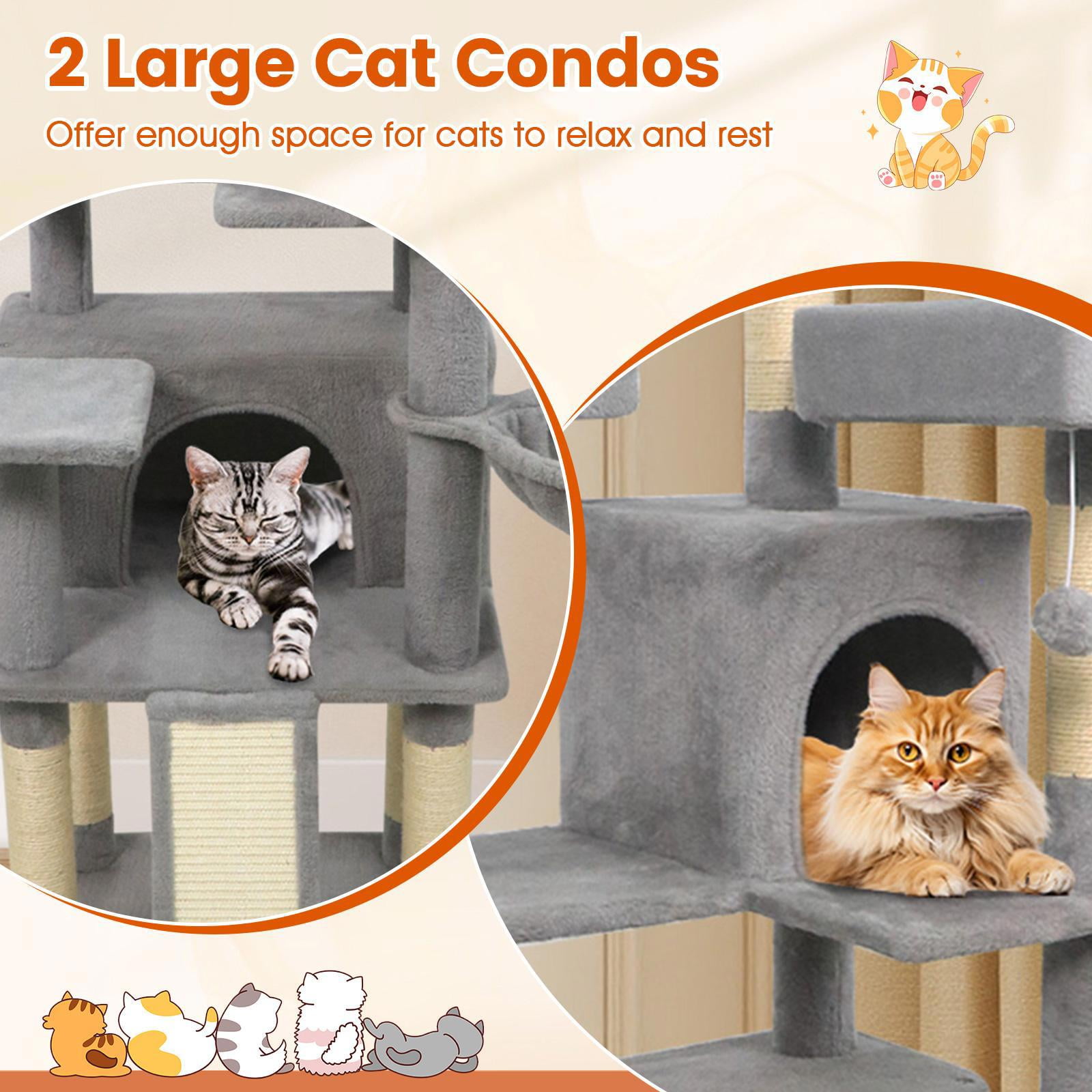 Barara King 65 Inch Tall Multi-level Cat Tree with 3 Upholstered Perch and 2 Cat Condos, Cat Tower for Indoor Cats, Cat Condo for Indoor Cats, Light Gray