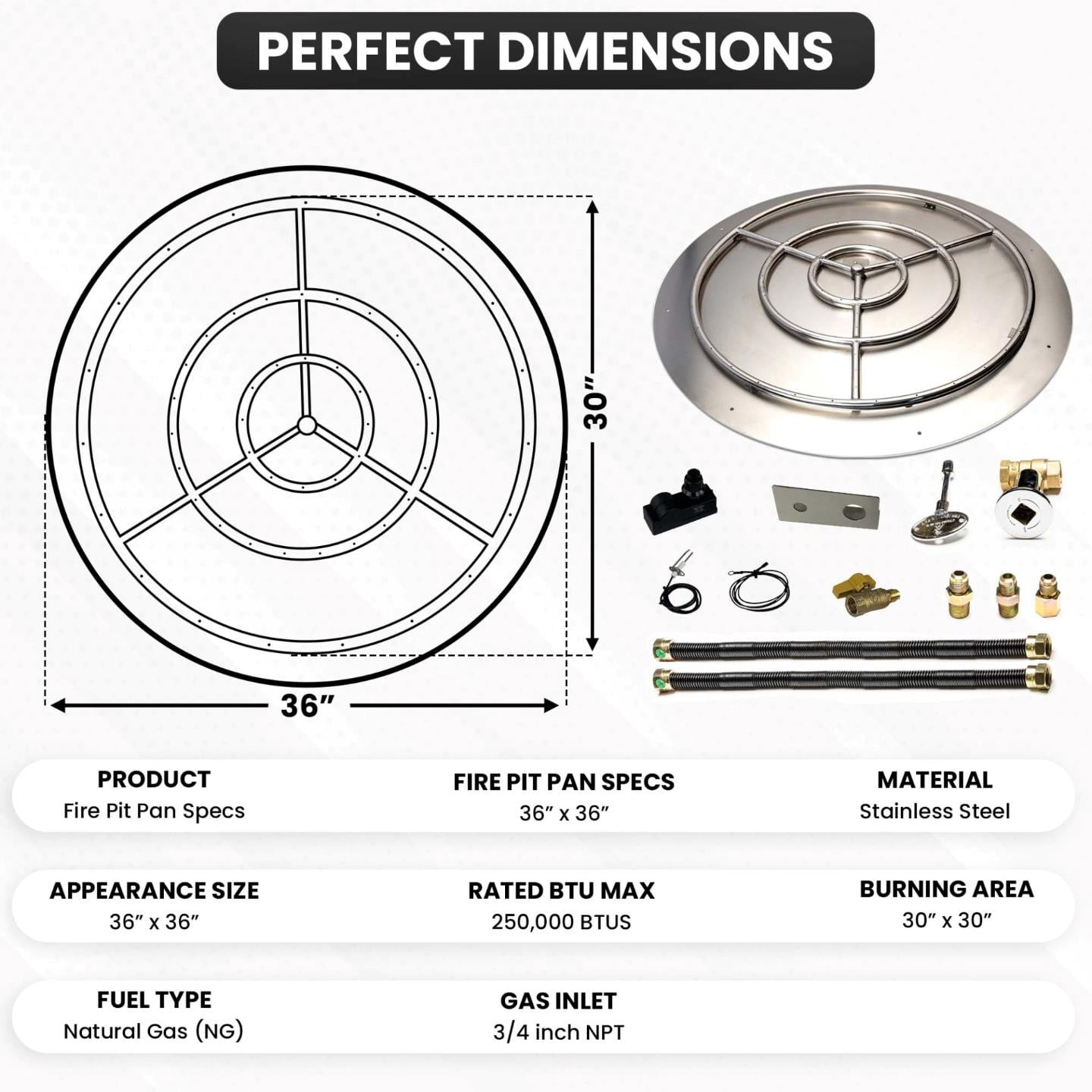 Dreffco Stainless Steel Fire Pit Burner Pan & Ring Deluxe Kit for Natural Gas, 36-Inch Pan, 30-Inch Ring, 250,000 BTU Max