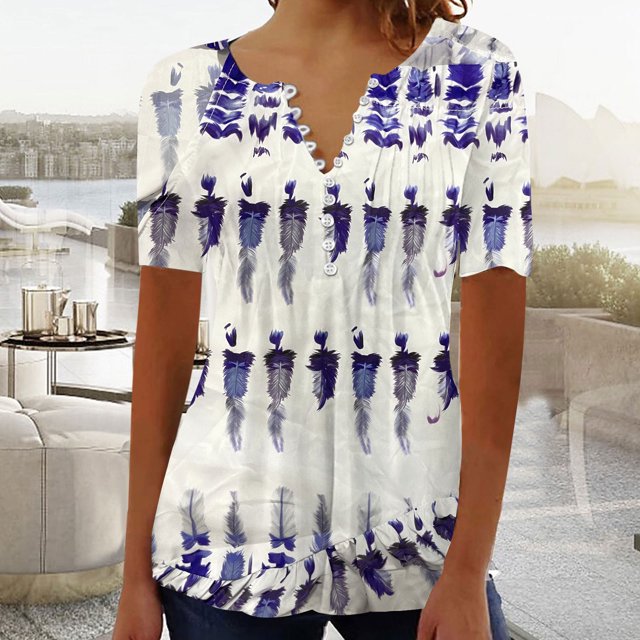 LSLJS T-Shirts pour Femmes Mode Décontractée Col Rond Plissé Couleur Unie Bouton Haut Blouse