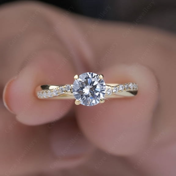 Cora Jewellery 1CT Round Moisanite Twisted Shank Engagement Ring For Women, 14K Yellow Gold