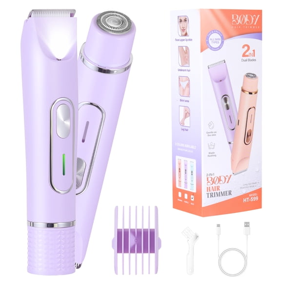 HATTEKER 2-in-1 Women's Trimmer & Lady Shaver, Dual-Head Design, Precision Trimmer for Face & Body, IPX6 Waterproof, Purple