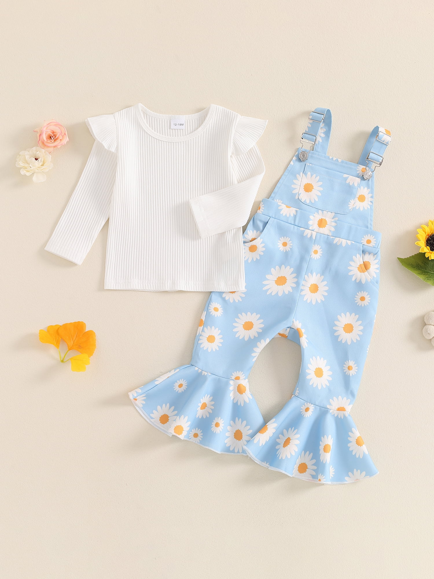 Hirigin Toddler Baby Girl Fall Clothes 1-5 Years Floral Print Overalls Suspender Flare Pants Long Sleeve Ruffle Knit Top 2Pcs Outfits Set