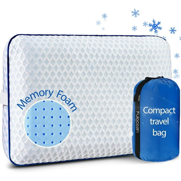 Cooling Travel & Camping Memory Foam Pillow for Sleeping,Contoured Support Medium Firm Small Travel Pillows for Airplanes & Backpacking Car Toddler Kids Compact Lightweight, Breathable Washable Cover