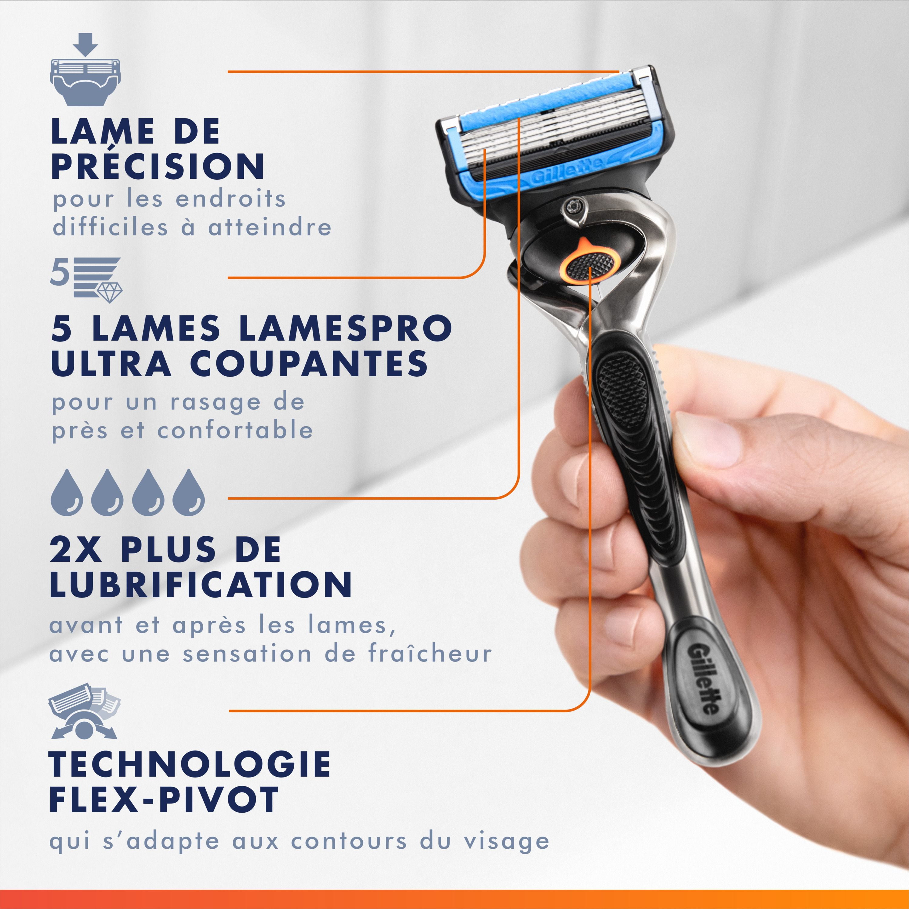 Cartouches de rechange de rasoir Gillette Fusion5 ProGlide Fraîcheur de rasoir pour manche de rasoir Flex-pivot, 5 lames de rasoir, 2x plus de lubrification rafraîchissante