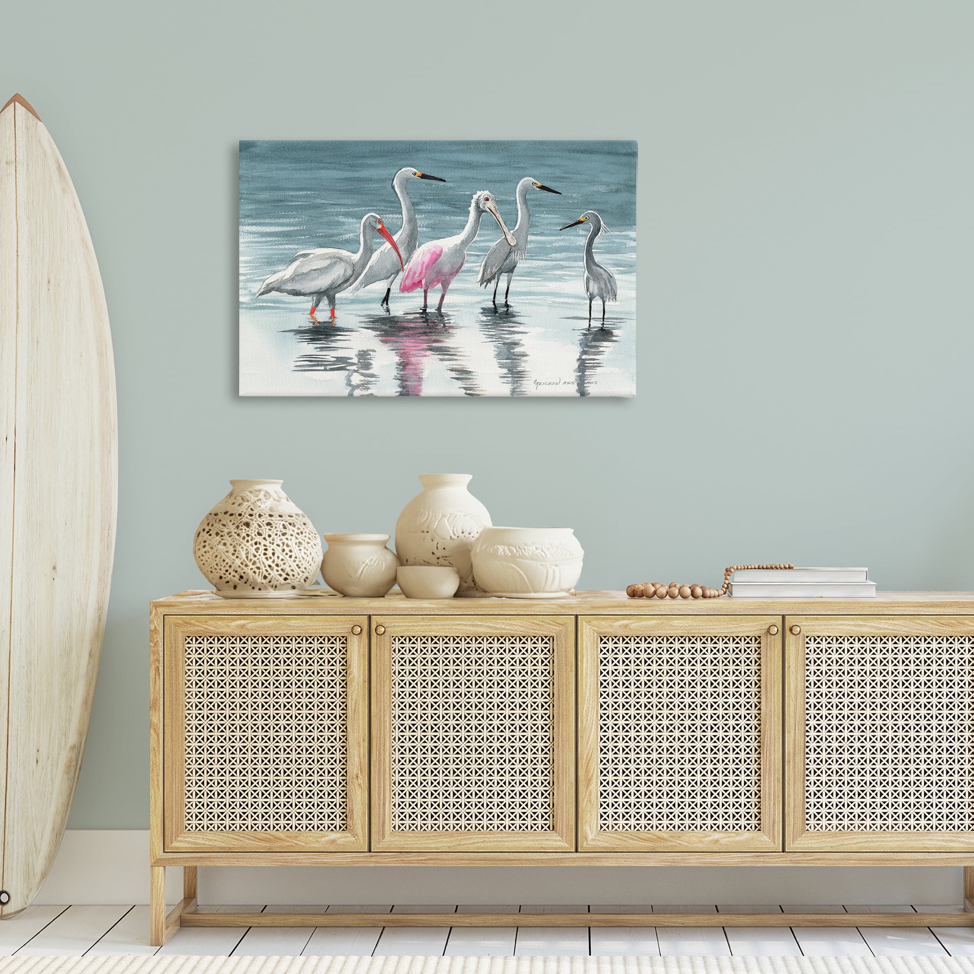 Stupell Industries Herons Stepping in Shore Animals & Insects Painting Gallery Wrapped Canvas Art Print Wall Art, 36 x 24