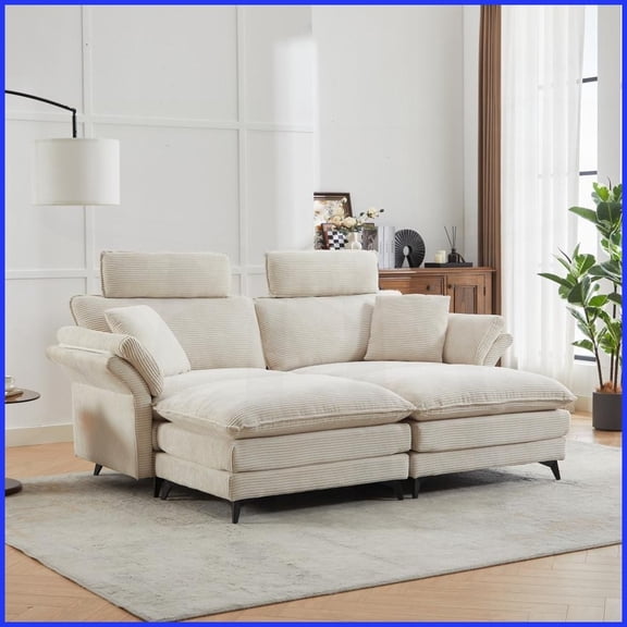 Modern Corduroy 2-3 Seat Sectional Sofa with Removable Headrests - 85.8'' Deep Seat for Living Room/Apartment, Beige