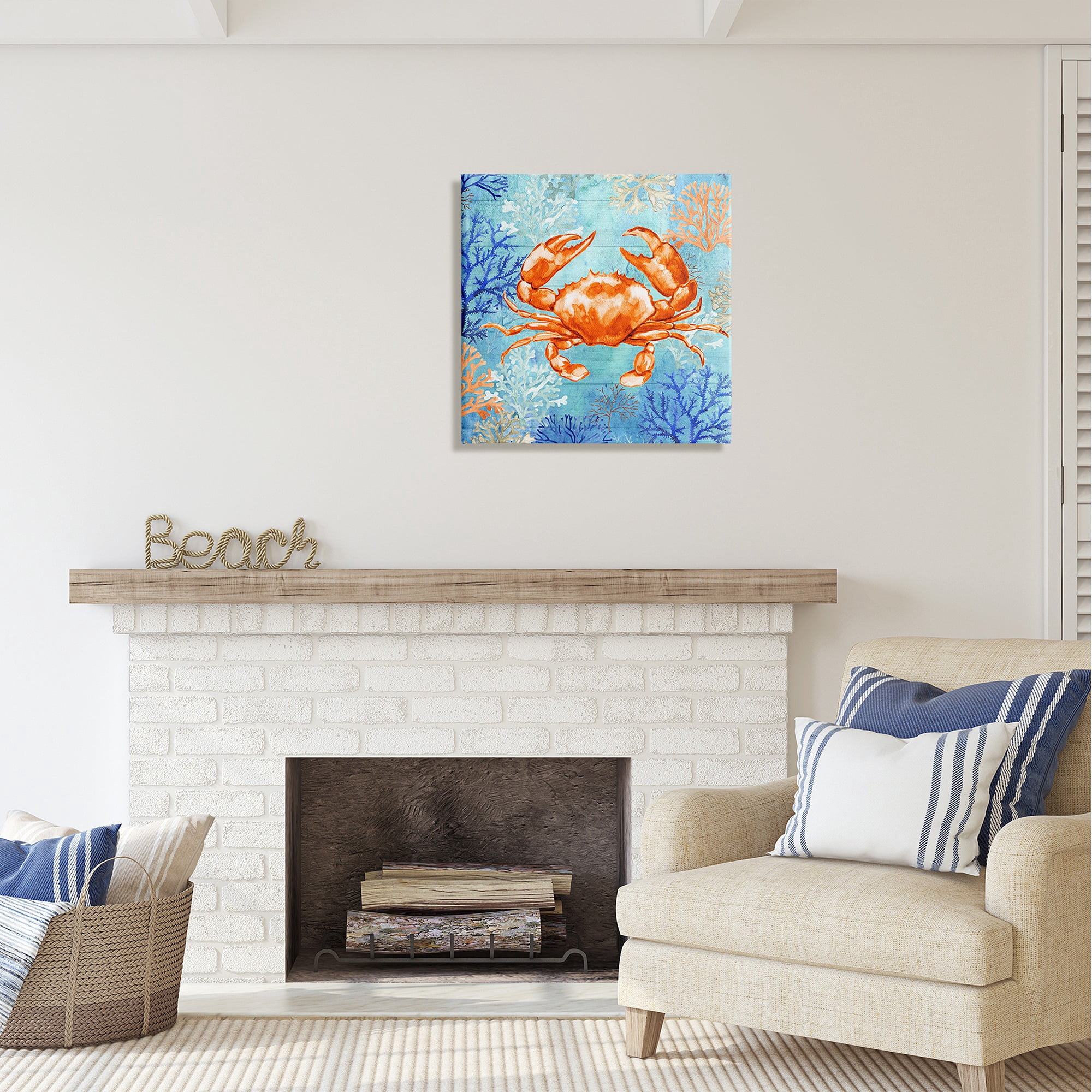 Stupell Industries Crab with Nautical Coral Animals & Insects Painting Gallery Wrapped Canvas Art Print Wall Art, 24 x 24