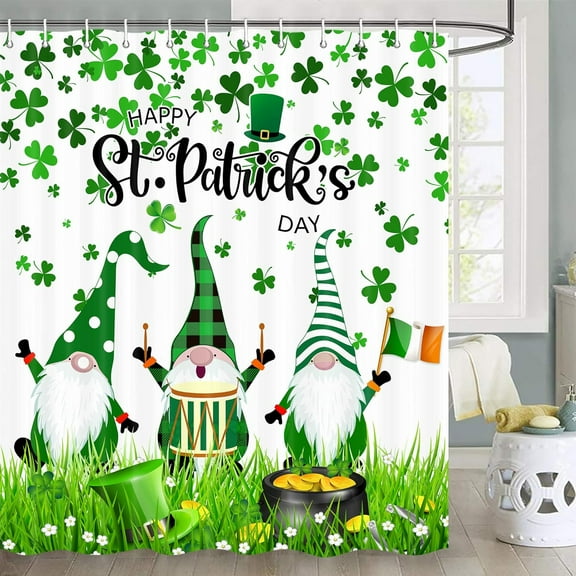 St Patricks Day Shower Curtain, Green Clover Shamrock Leaf Irish Shower Curtain, Buffalo Check Plaid Fabric Shower Curtain Set with Hooks Set 70x70 Inch