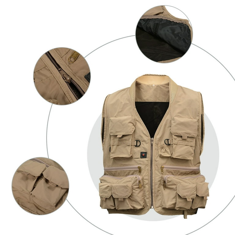 AKDSteel Men's Outdoor Multifunction Pockets Vest Waistcoat Travels Sports Fly Fishing Mesh Jacke, Size: Large, Beige