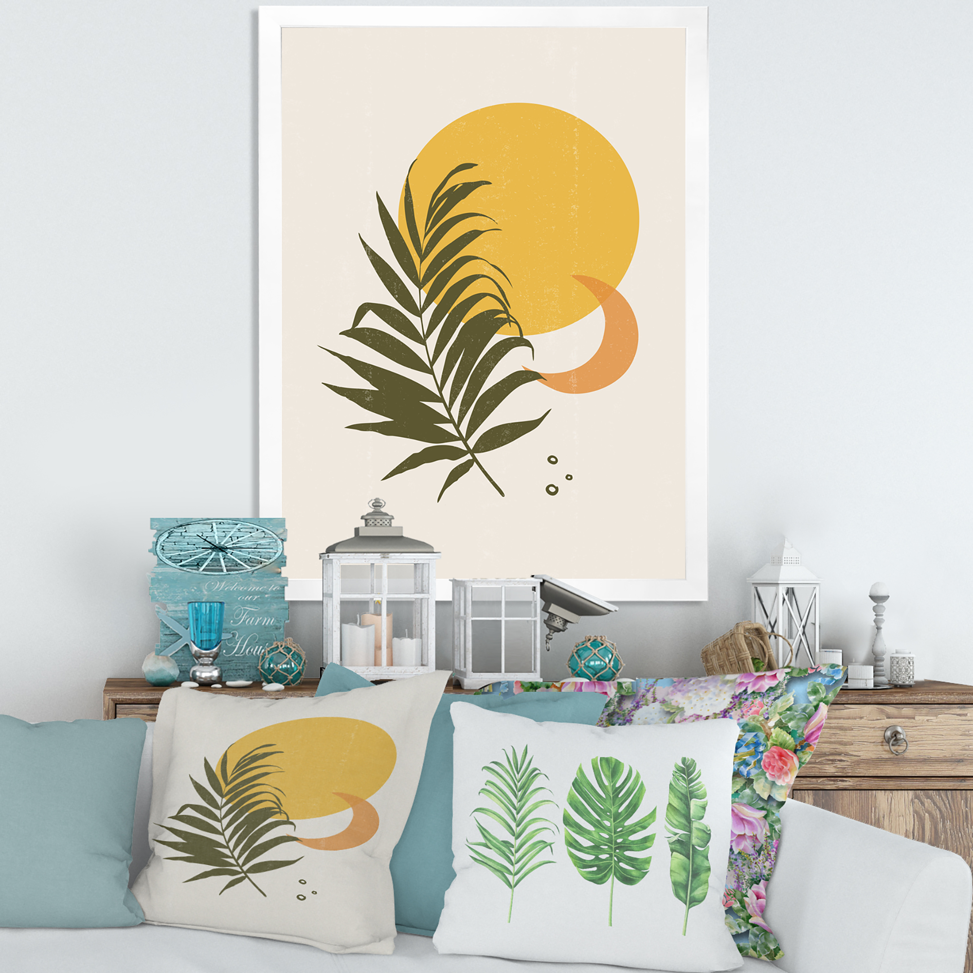 Designart 'Abstract Moon and Yellow Sun With Tropical Leaf I' Modern Framed Art Print