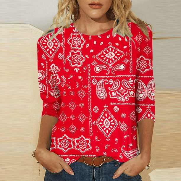 Fiudx Tops para Mujer Blusa Suelta Estampada con Cuello Redondo y Manga 3/4 para Mujer