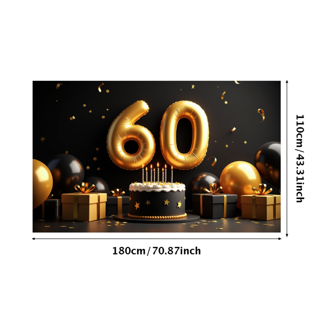 Black Gold Themed 60th Birthday Backdrop Banner, with Golden Balloons Gift Boxes and Happy Birthday Text, Party Decorations for Photography Props Birthday Party Celebration Event