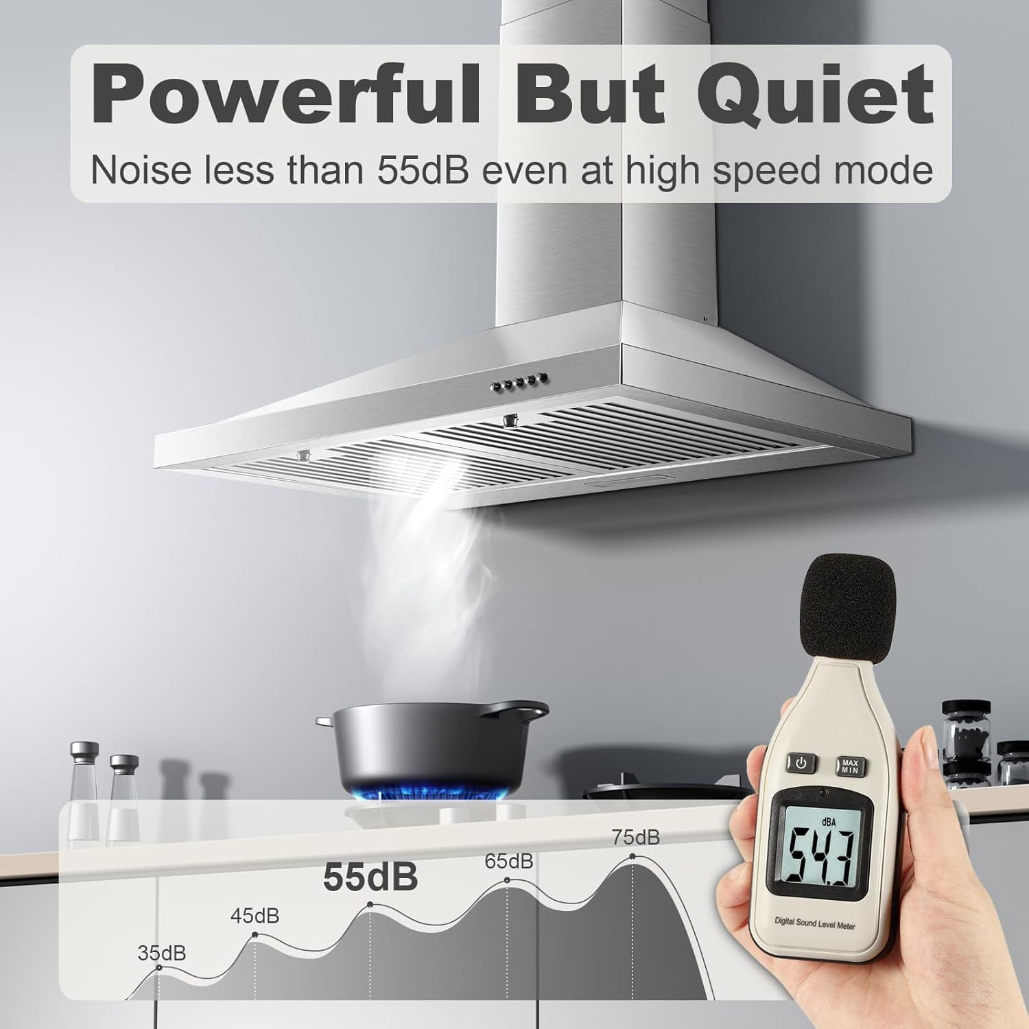 Joeaonz 30-Inch Wall Mount Range Hood, Stainless Steel, 450CFM, Ventless/Ducted, Ultra Quiet, LED Light, 3-Speed