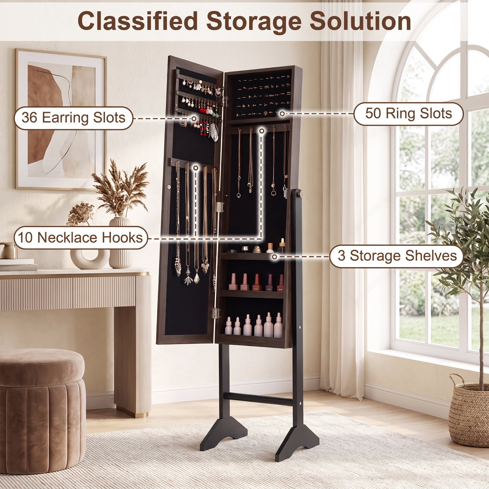 Furnibear Freestanding Jewelry Armoire with Velvet Lining and Full Length Mirror for Bedroom Dressing Room Jewelry Necklace Rings Storage, Black