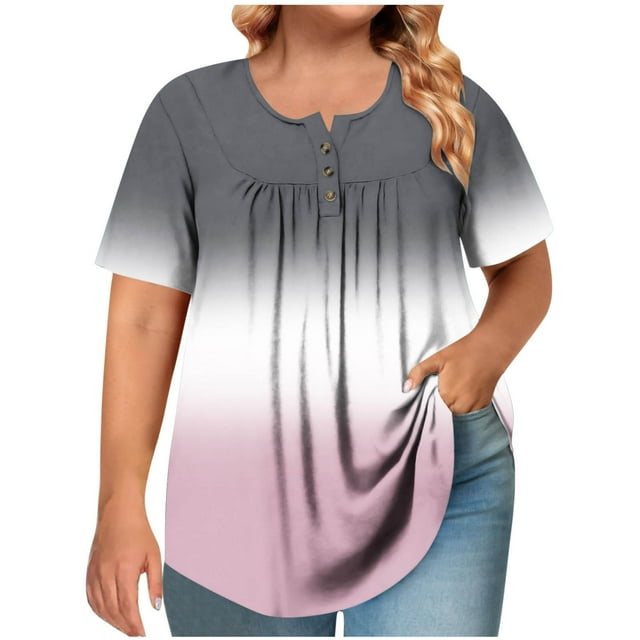 T-shirt Plissé à Manches Courtes et Col Rond pour Femmes Grande Taille avec Boutons