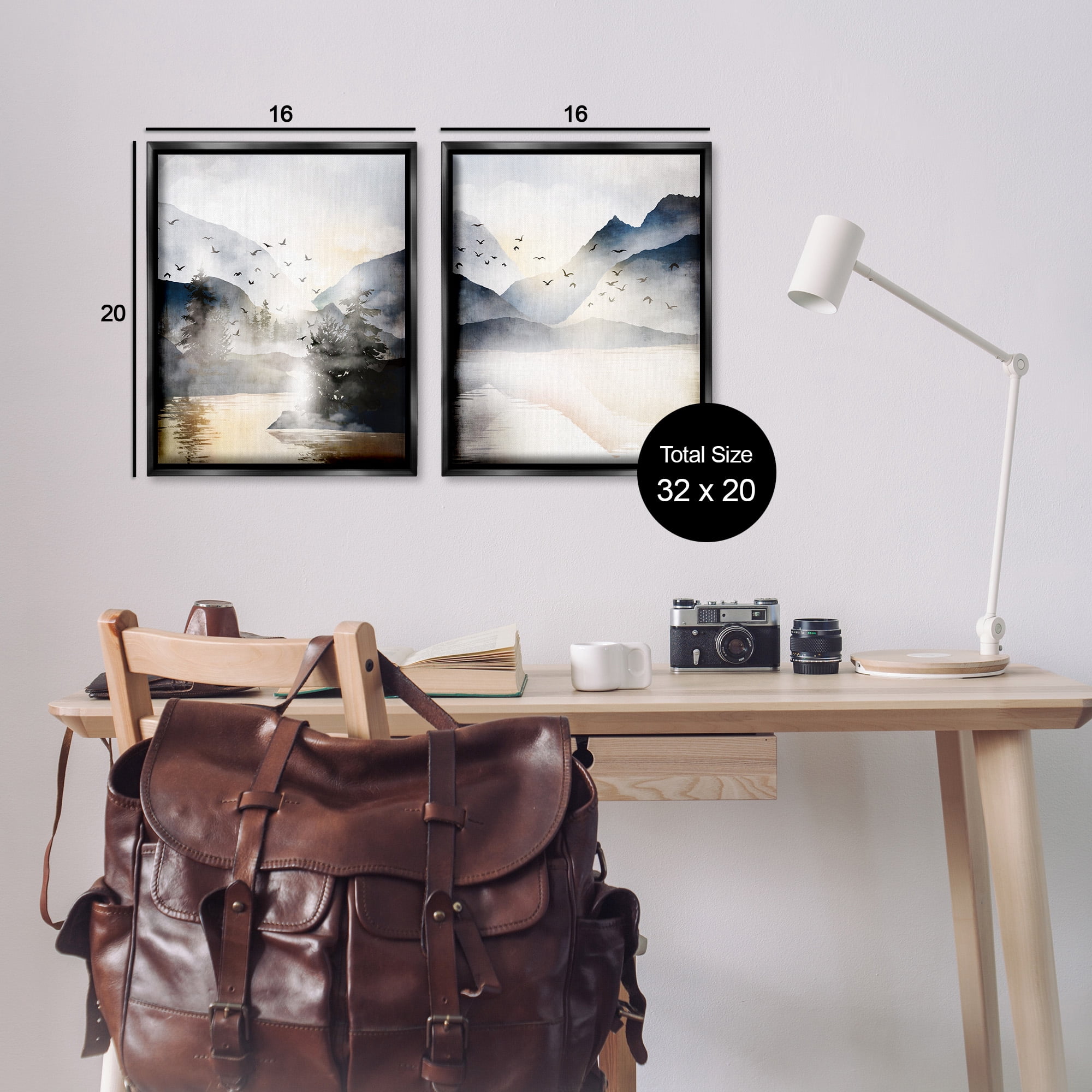 Stupell Industries Sunlit Birds Over Lake Landscape Landscape Painting Black Floater Framed Canvas Art Print Wall Art, 17 x 21, Set of 2
