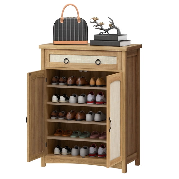 Craftian Shoe Cabinet with Drawers& Door, Rattan Freestanding Shoe Rack Organizer for Entryway, Oak